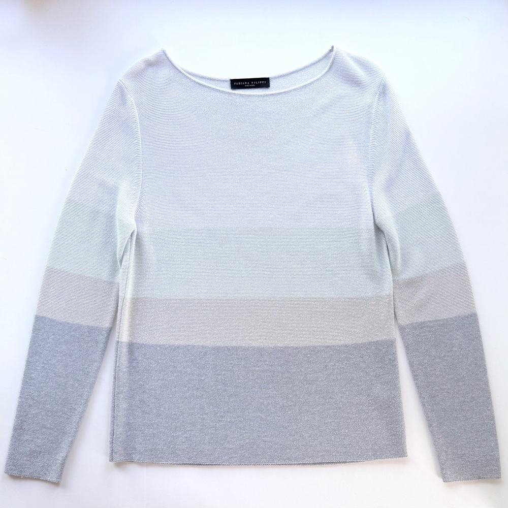 Fabiana Filippi Fine Mesh Knit Silver Metallic Color Block Stripe Sweater S